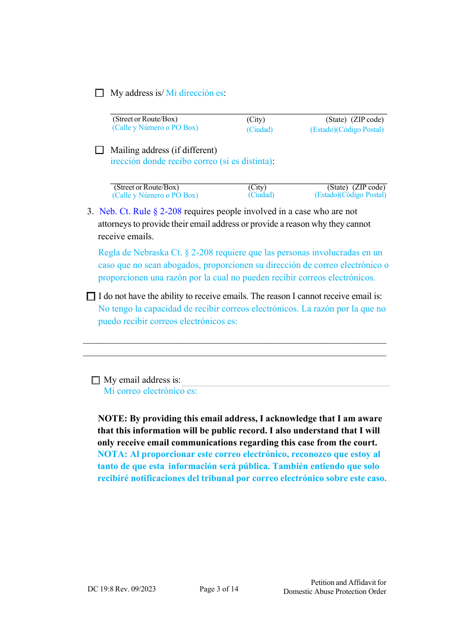 Form DC19:8 Petition and Affidavit to Obtain Domestic Abuse Protection Order - Nebraska (English / Spanish), Page 3