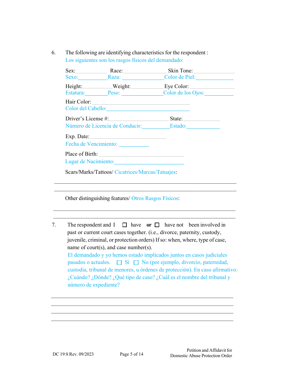Form DC19:8 Petition and Affidavit to Obtain Domestic Abuse Protection Order - Nebraska (English / Spanish), Page 5