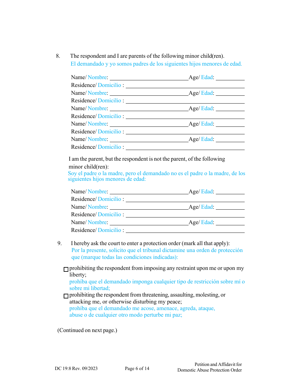 Form DC19:8 Petition and Affidavit to Obtain Domestic Abuse Protection Order - Nebraska (English / Spanish), Page 6