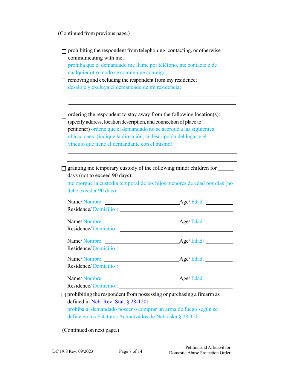Form DC19:8 Petition and Affidavit to Obtain Domestic Abuse Protection Order - Nebraska (English / Spanish), Page 7