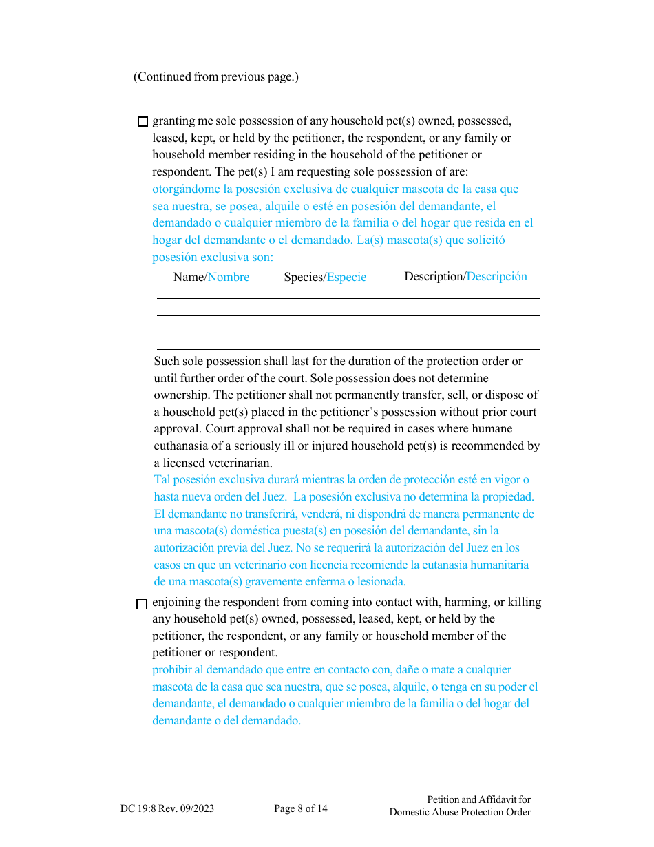 Form DC19:8 Petition and Affidavit to Obtain Domestic Abuse Protection Order - Nebraska (English / Spanish), Page 8