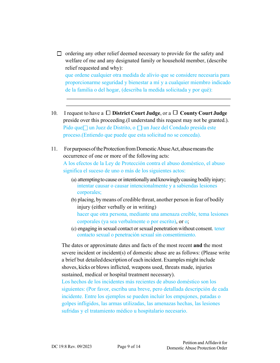 Form DC19:8 Petition and Affidavit to Obtain Domestic Abuse Protection Order - Nebraska (English / Spanish), Page 9