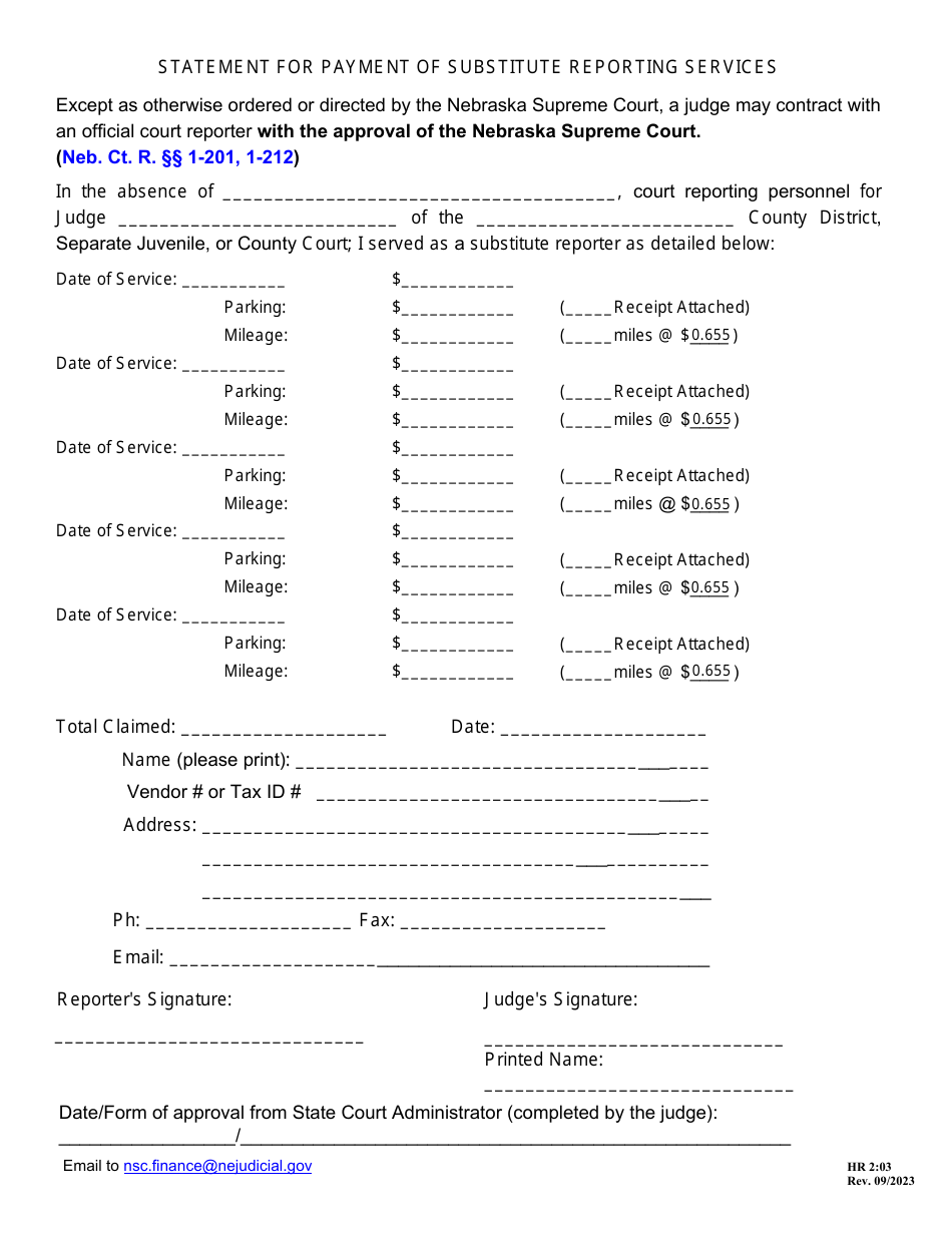 Form HR2:03 Statement for Payment of Substitute Reporting Services - Nebraska, Page 1