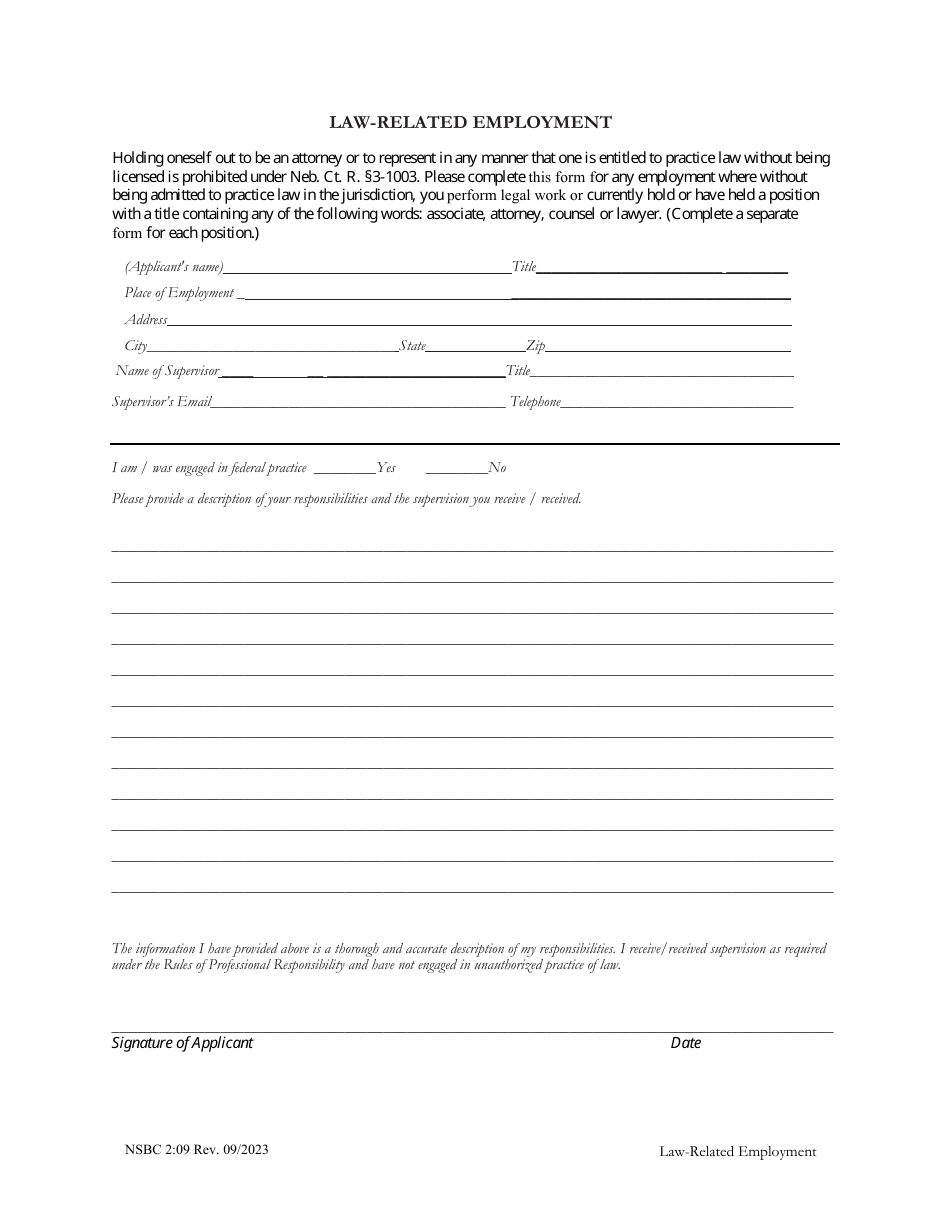 Form NSBC2:09 Law-Related Employment - Nebraska, Page 1