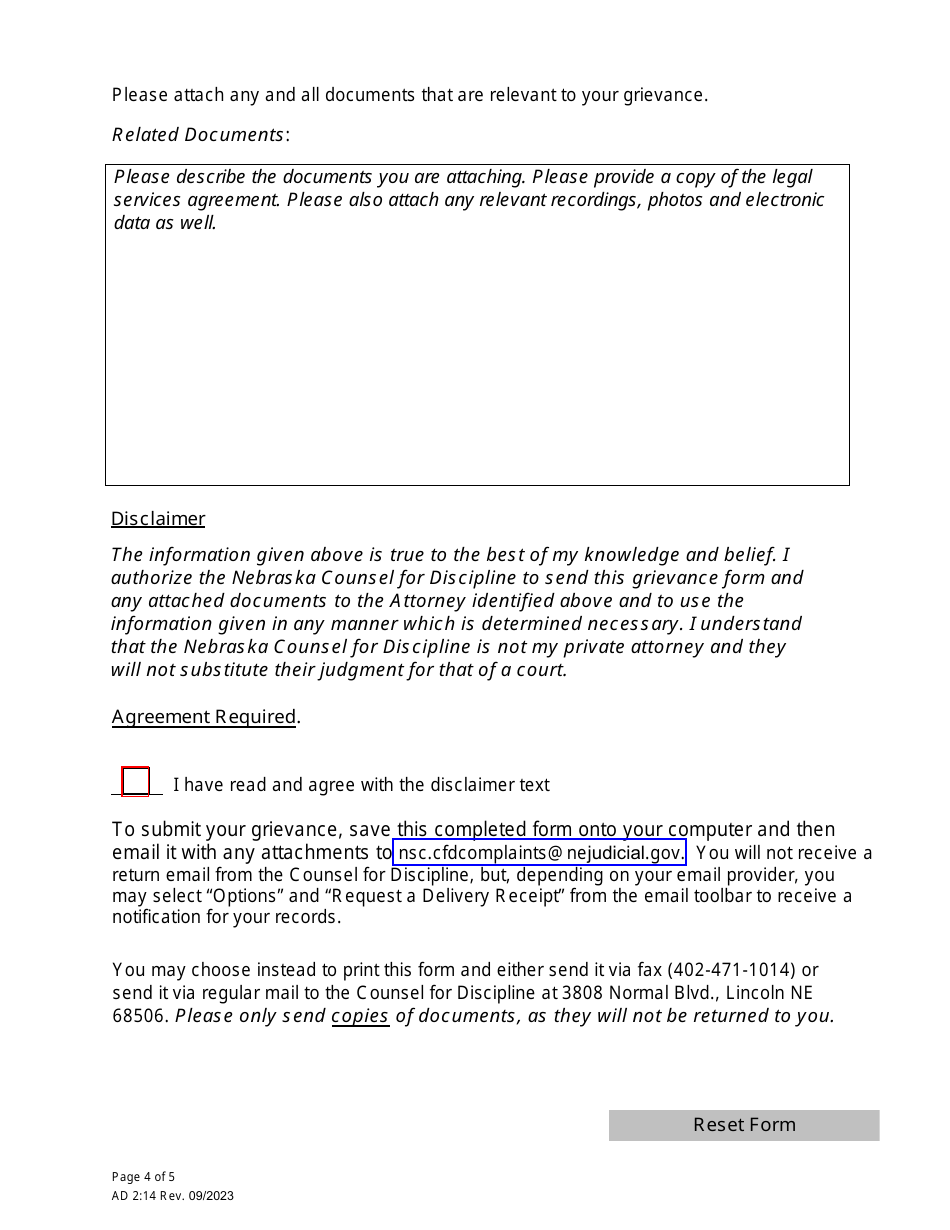 Form AD2:14 Grievance Form - Nebraska, Page 4