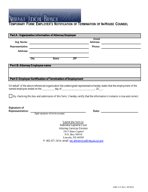 Form ASD3:21 Temporary Form: Employer's Notification of Termination of in-House Counsel - Nebraska