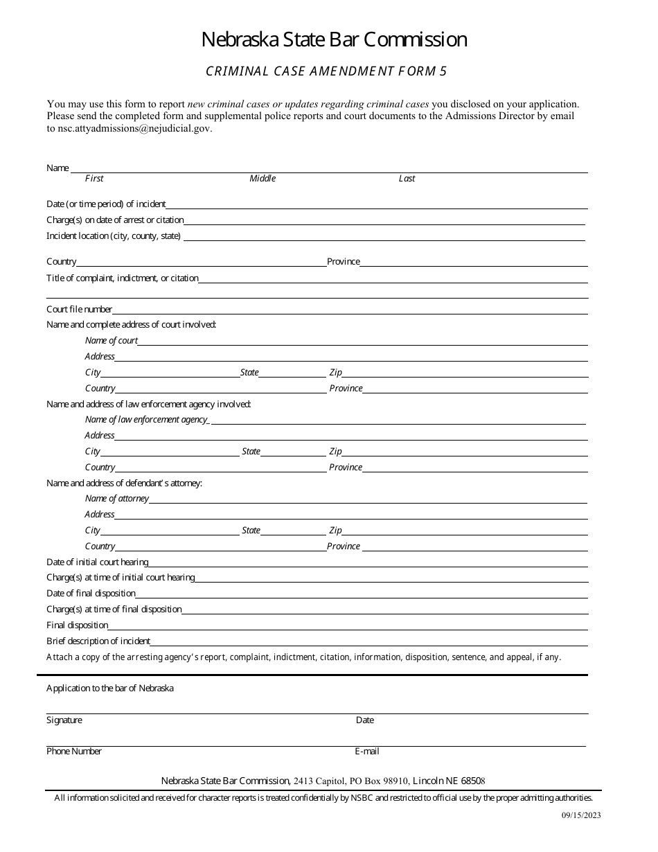 Form 5 (NSBC1:07) Criminal Case Amendment Form - Nebraska, Page 1
