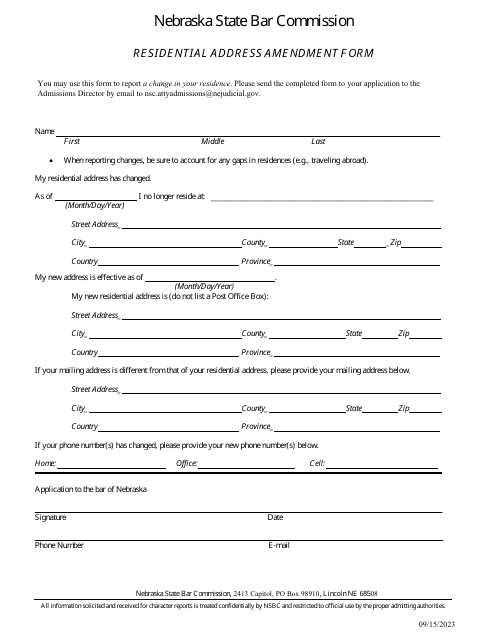Form NSBC1:03 Residential Address Amendment Form - Nebraska State Bar Commission - Nebraska