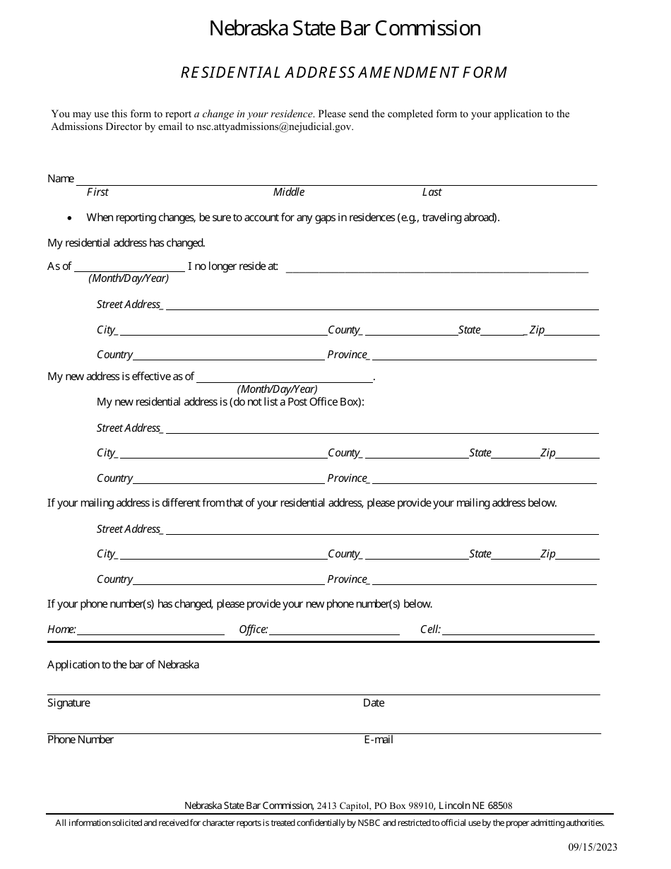 Form NSBC1:03 Residential Address Amendment Form - Nebraska State Bar Commission - Nebraska, Page 1