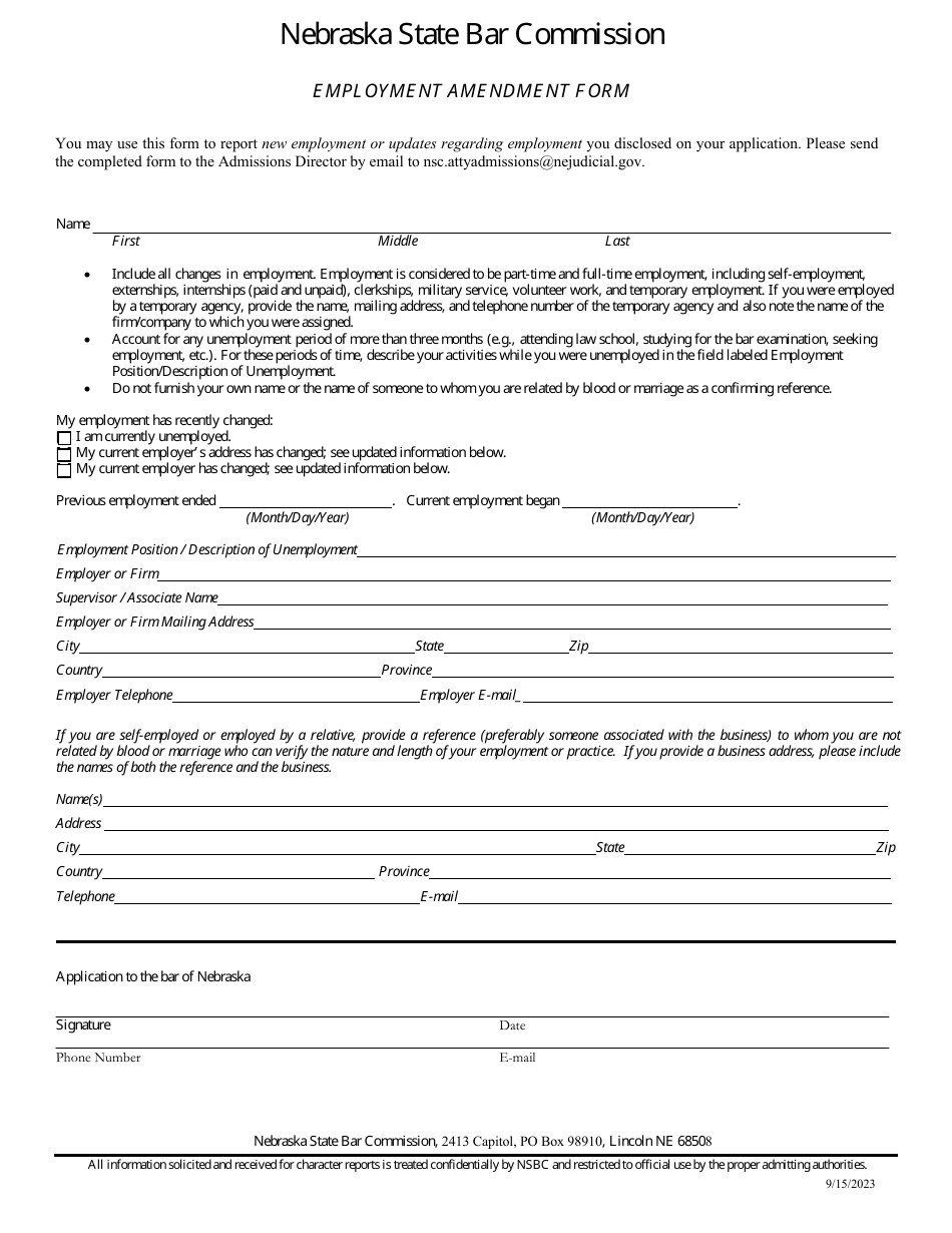 Form NSBC1:06 Employment Amendment Form - Nebraska, Page 1