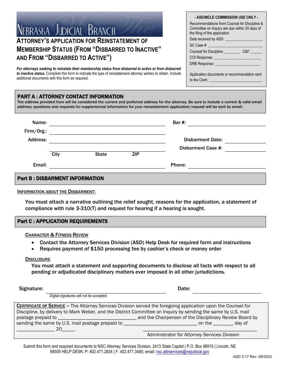 Form ASD3:17 Attorneys Application for Reinstatement of Membership Status (From disbarred to Inactive and From disbarred to Active) - Nebraska, Page 1