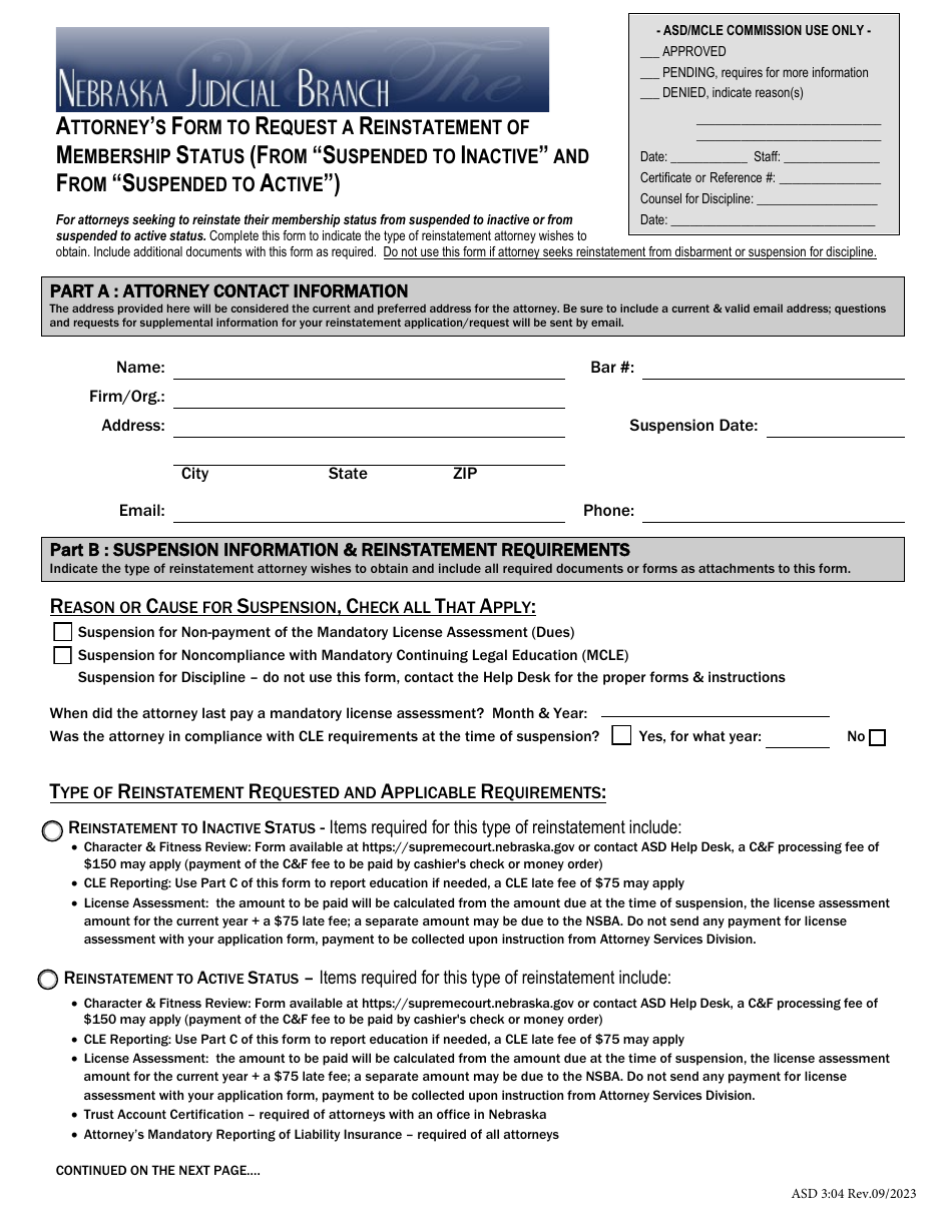 Form ASD3:04 Attorneys Form to Request a Reinstatement of Membership Status (From suspended to Inactive and From suspended to Active) - Nebraska, Page 1