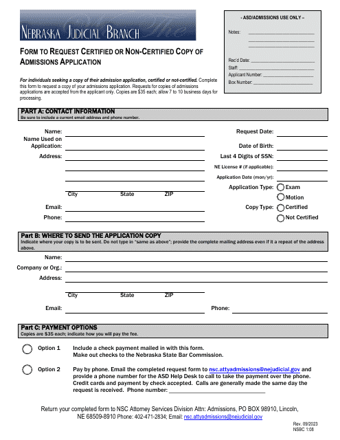 Form NSBC1:08 Form to Request Certified or Non-certified Copy of Admissions Application - Nebraska