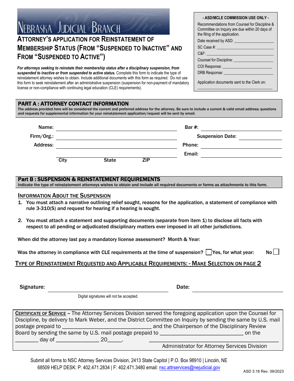 Form ASD3:18 Attorneys Application for Reinstatement of Membership Status (From suspended to Inactive and From suspended to Active) - Nebraska, Page 1