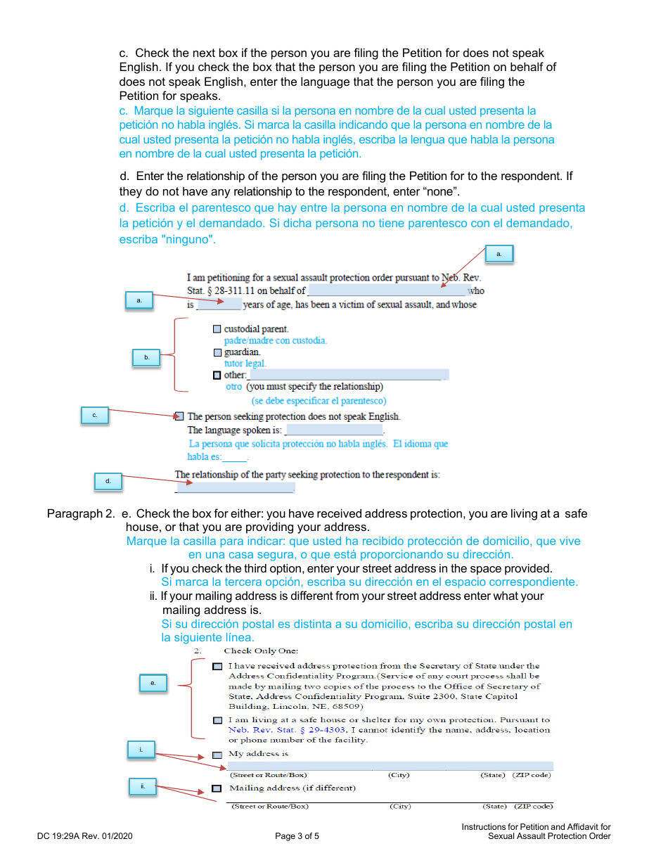 Instructions for Form DC19:29 Sexual Assault, Petition and Affidavit to Obtain Sexual Assault Protection Order - Nebraska (English / Spanish), Page 3