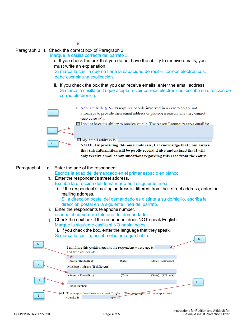 Instructions for Form DC19:29 Sexual Assault, Petition and Affidavit to Obtain Sexual Assault Protection Order - Nebraska (English / Spanish), Page 4