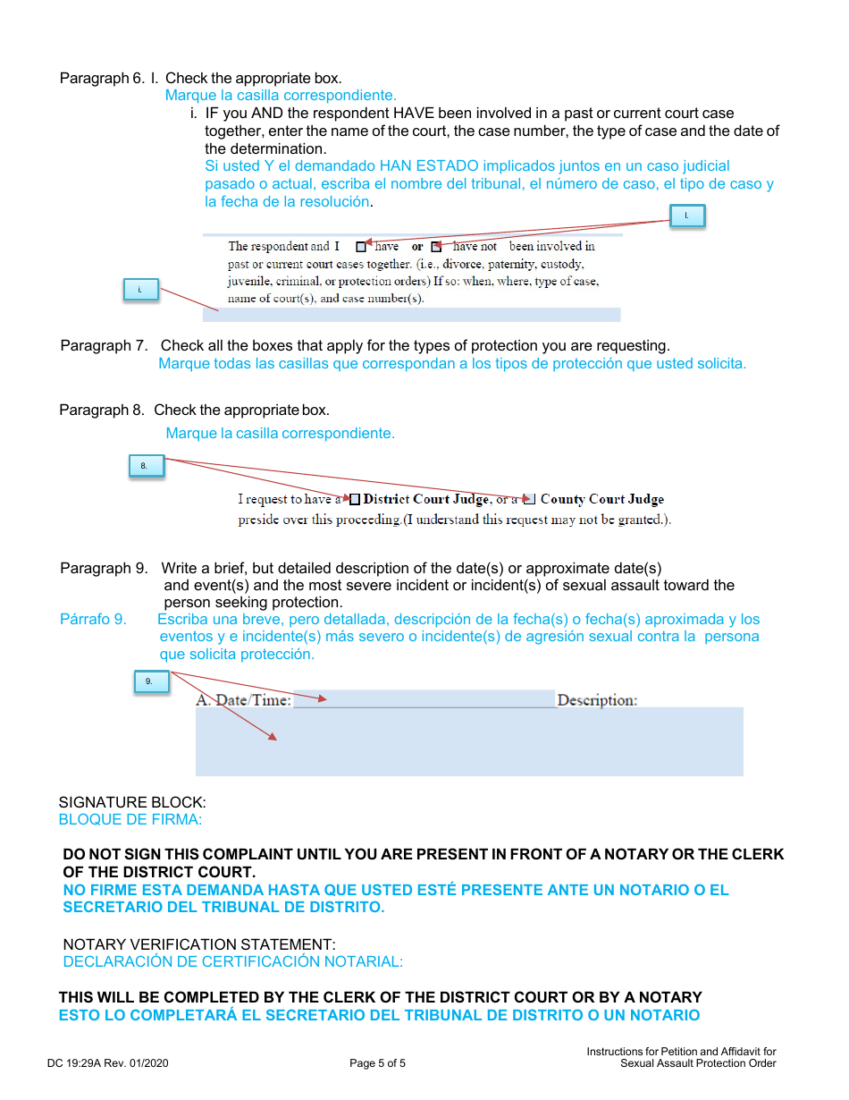 Instructions for Form DC19:29 Sexual Assault, Petition and Affidavit to Obtain Sexual Assault Protection Order - Nebraska (English / Spanish), Page 5