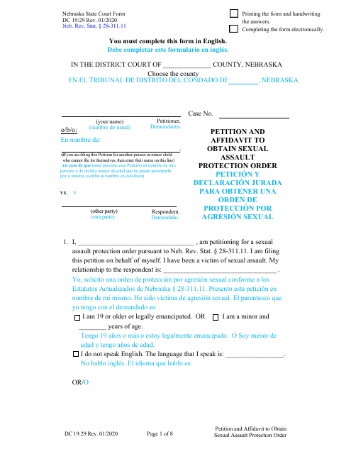 Form DC19:29 Petition and Affidavit to Obtain Sexual Assault Protection Order - Nebraska (English/Spanish)