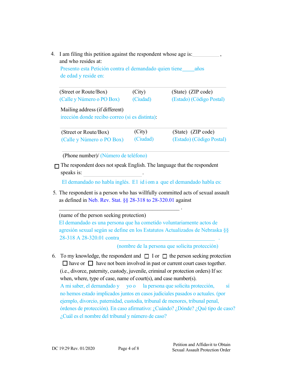 Form DC19:29 Petition and Affidavit to Obtain Sexual Assault Protection Order - Nebraska (English / Spanish), Page 4