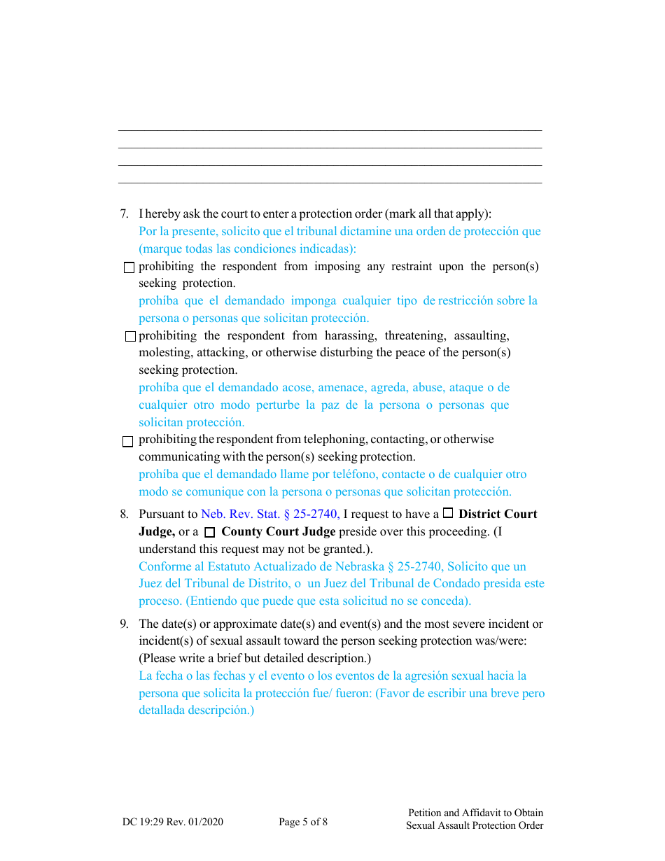 Form DC19:29 Petition and Affidavit to Obtain Sexual Assault Protection Order - Nebraska (English / Spanish), Page 5