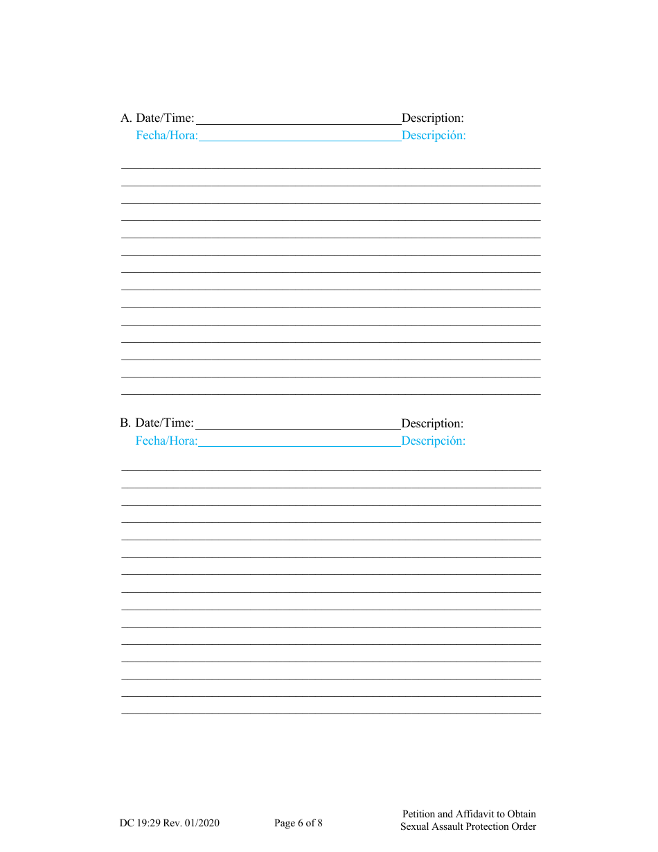 Form DC19:29 Petition and Affidavit to Obtain Sexual Assault Protection Order - Nebraska (English / Spanish), Page 6