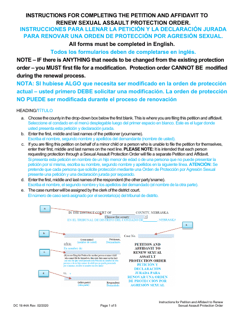 Instrucciones para Formulario DC19:44 Sexual Assault, Petition and Affidavit to Renew Sexual Assault Protection Order - Nebraska (Spanish)