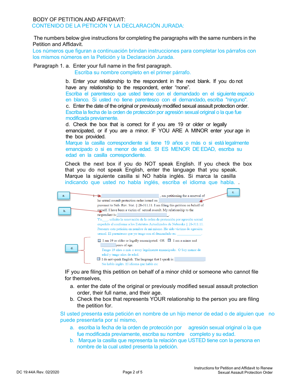 Instrucciones para Formulario DC19:44 Sexual Assault, Petition and Affidavit to Renew Sexual Assault Protection Order - Nebraska (Spanish), Page 2