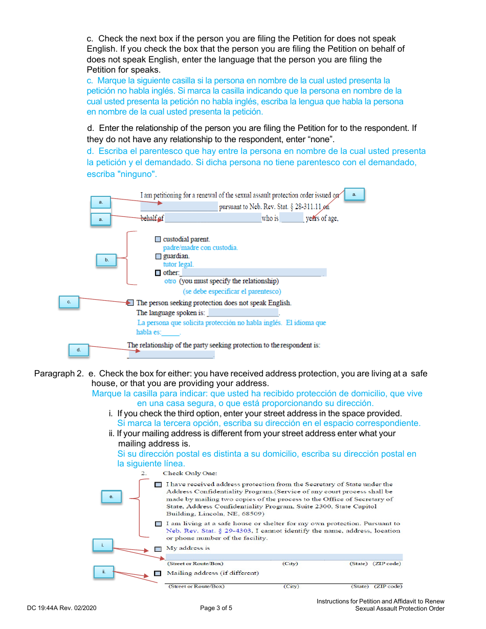 Instrucciones para Formulario DC19:44 Sexual Assault, Petition and Affidavit to Renew Sexual Assault Protection Order - Nebraska (Spanish), Page 3