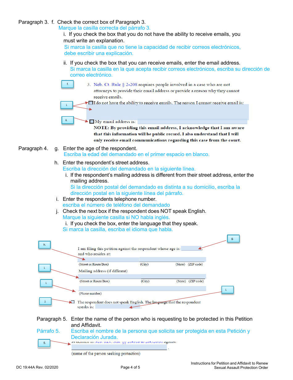 Instrucciones para Formulario DC19:44 Sexual Assault, Petition and Affidavit to Renew Sexual Assault Protection Order - Nebraska (Spanish), Page 4