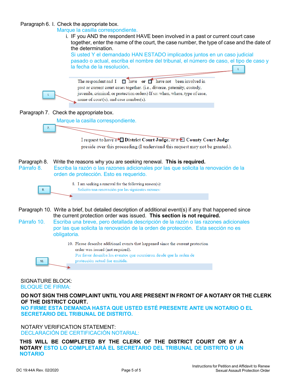 Instrucciones para Formulario DC19:44 Sexual Assault, Petition and Affidavit to Renew Sexual Assault Protection Order - Nebraska (Spanish), Page 5