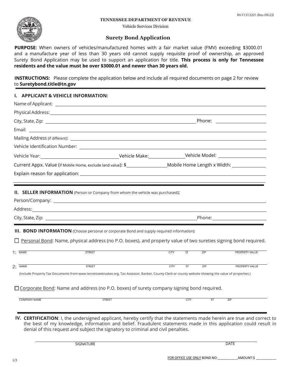 Form RV-F1313201 Surety Bond Application - Tennessee, Page 1