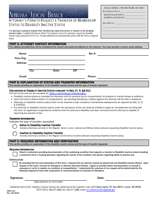 Form ASD3:13 Attorney's Form to Request a Transfer of Membership Status to Disability Inactive Status - Nebraska