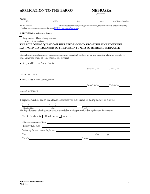 Form ASD3:15 Request for Character & Fitness Review as Required for Reinstatement or Transfer of License Status - Nebraska