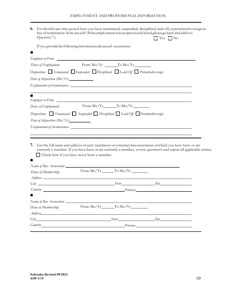Form ASD3:15 Request for Character  Fitness Review as Required for Reinstatement or Transfer of License Status - Nebraska, Page 10