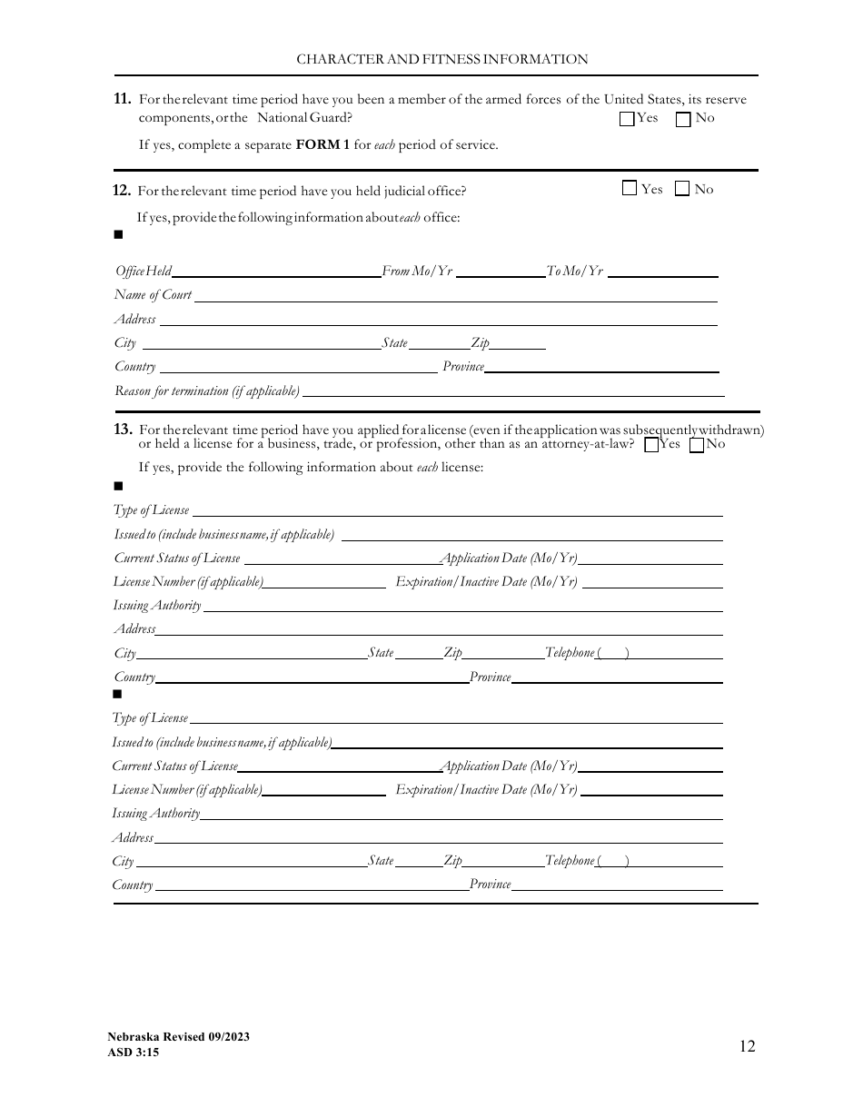 Form ASD3:15 Request for Character  Fitness Review as Required for Reinstatement or Transfer of License Status - Nebraska, Page 12