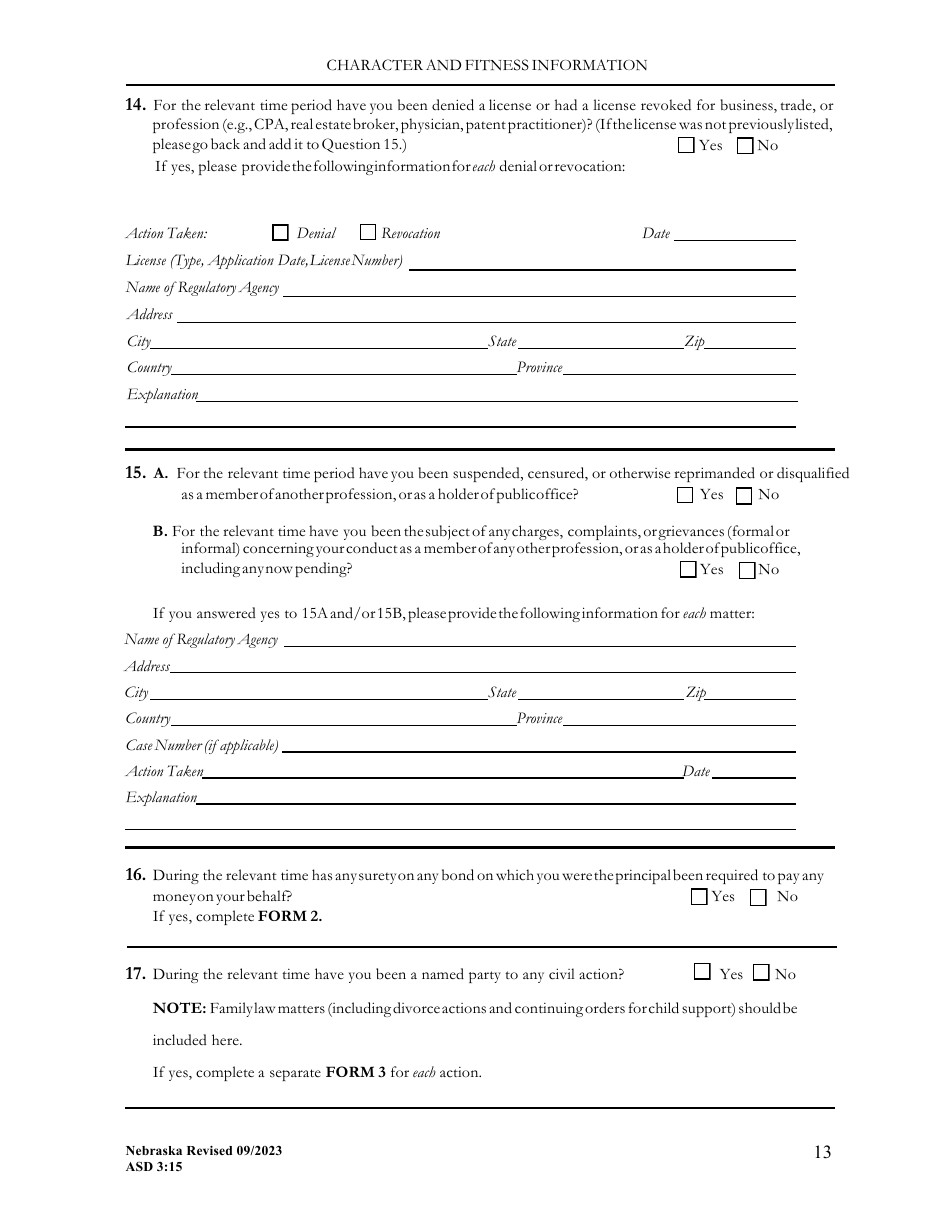 Form ASD3:15 Request for Character  Fitness Review as Required for Reinstatement or Transfer of License Status - Nebraska, Page 13