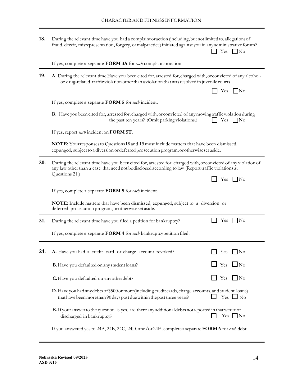 Form ASD3:15 Request for Character  Fitness Review as Required for Reinstatement or Transfer of License Status - Nebraska, Page 14