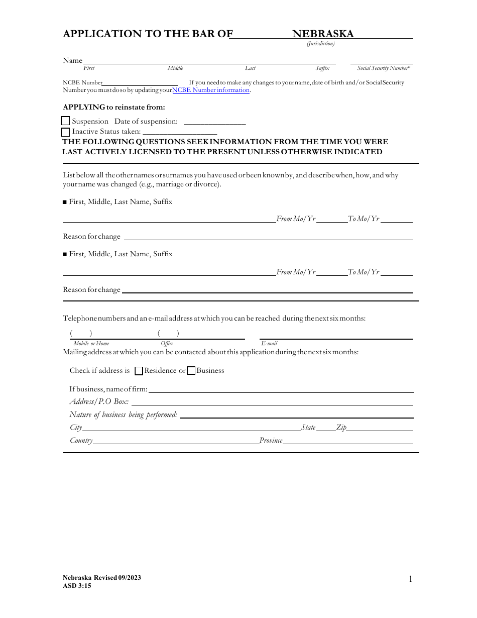 Form ASD3:15 Request for Character  Fitness Review as Required for Reinstatement or Transfer of License Status - Nebraska, Page 1