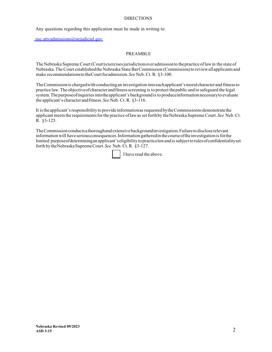 Form ASD3:15 Request for Character  Fitness Review as Required for Reinstatement or Transfer of License Status - Nebraska, Page 2