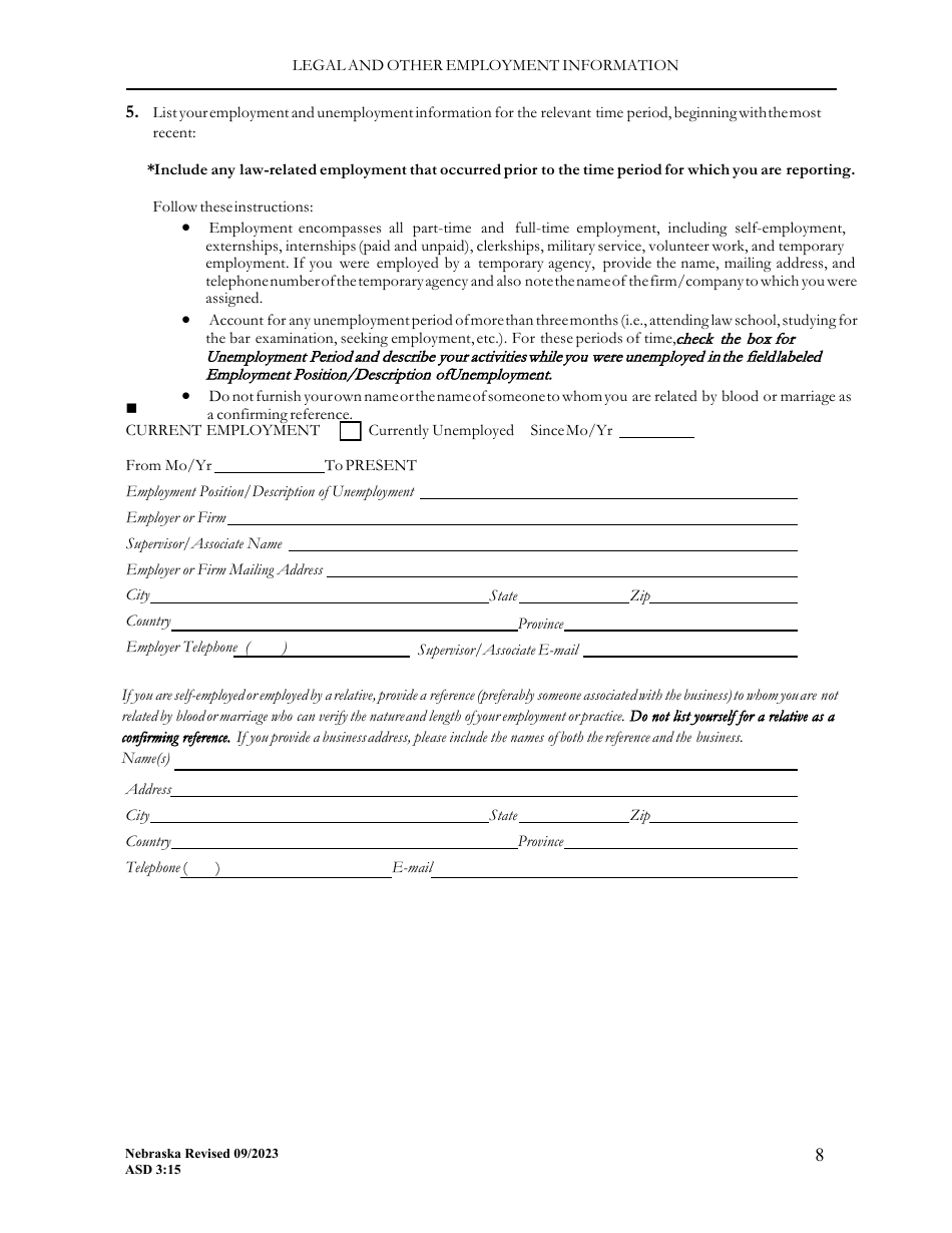 Form ASD3:15 Request for Character  Fitness Review as Required for Reinstatement or Transfer of License Status - Nebraska, Page 8