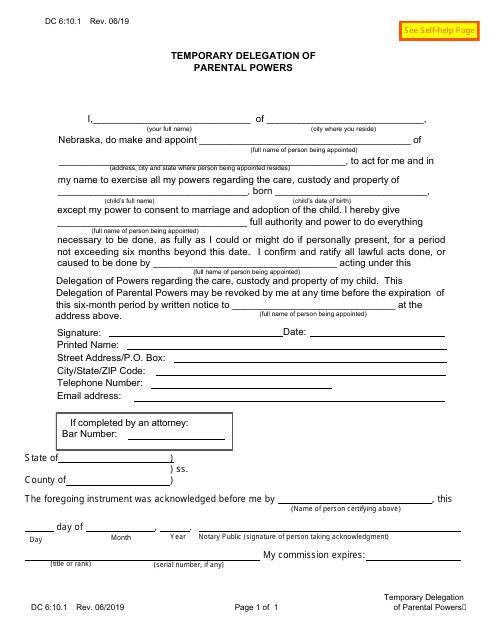 Form DC6:10.1 Temporary Delegation of Parental Powers - Nebraska