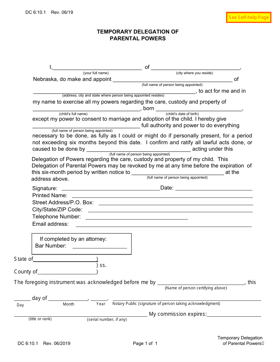 Form DC6:10.1 Temporary Delegation of Parental Powers - Nebraska, Page 1