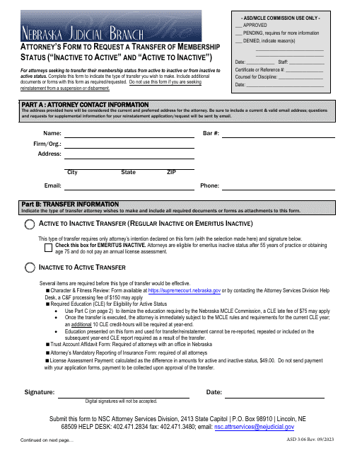Form ASD3:06 Attorney's Form to Request a Transfer of Membership Status (Inactive to Active and Active to Inactive) - Nebraska