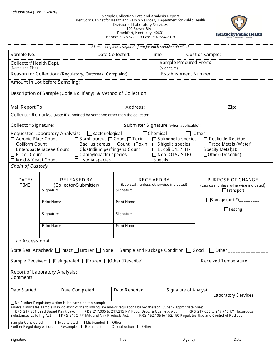 Lab Form 504 Sample Collection Data and Analysis Report - Kentucky, Page 1