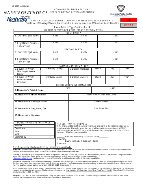 Form VS-230 - Fill Out, Sign Online and Download Fillable PDF, Kentucky ...