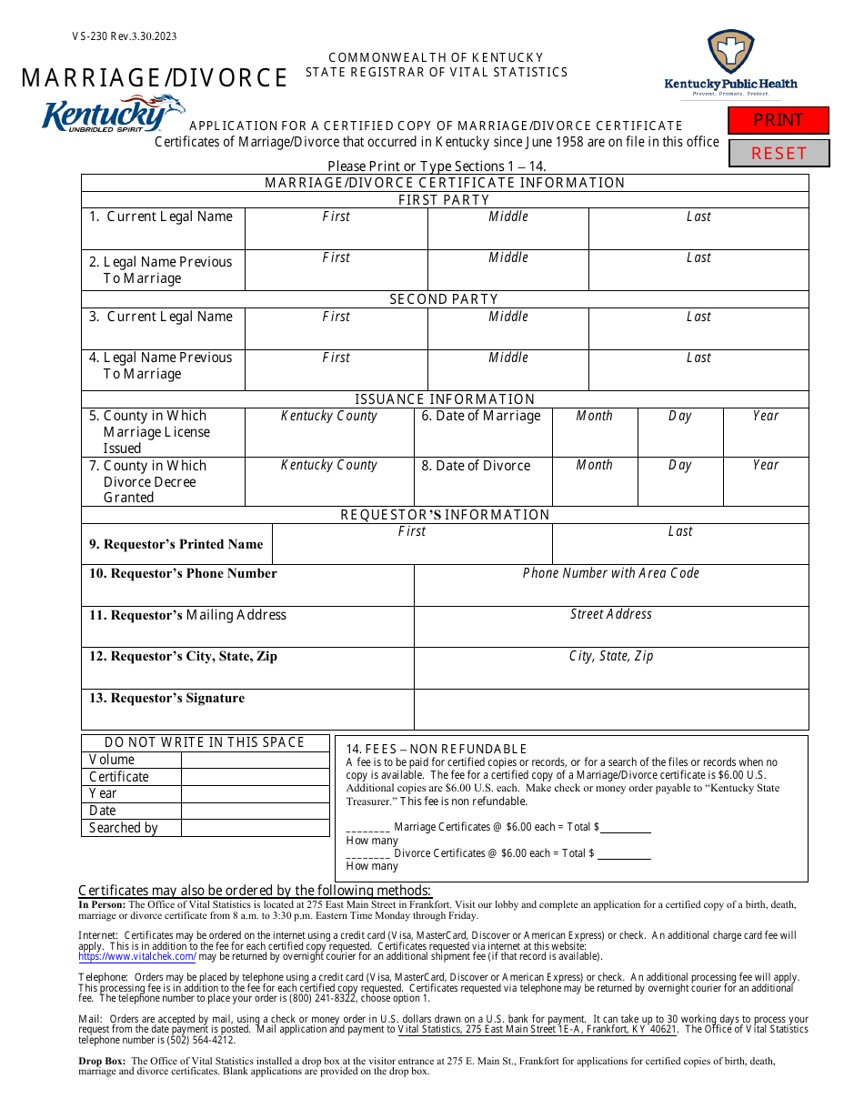 Form VS-230 Application for a Certified Copy of Marriage / Divorce Certificate - Kentucky, Page 1