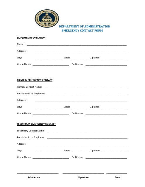 Emergency Contact Form - West Virginia Download Pdf