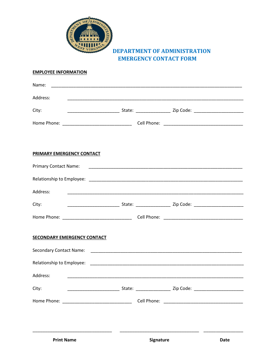 Emergency Contact Form - West Virginia, Page 1