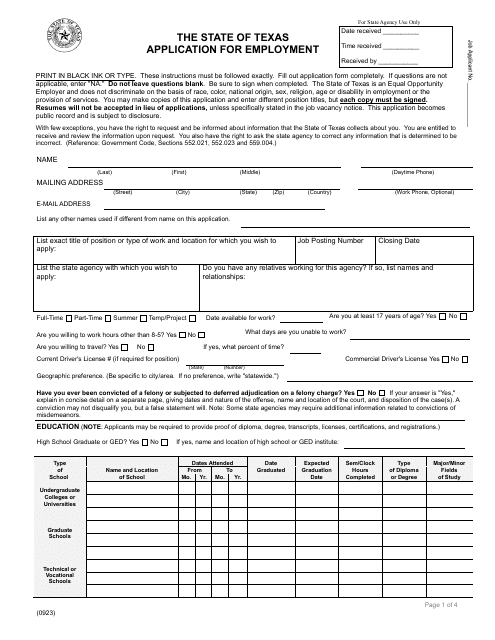 Application for Employment - Texas Download Pdf