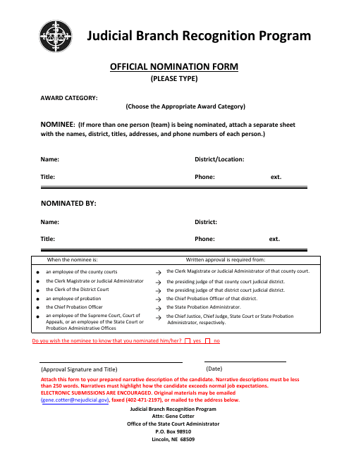 Official Nomination Form - Judicial Branch Recognition Program - Nebraska Download Pdf